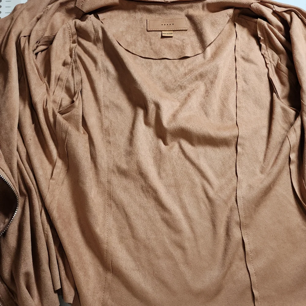 BlankNYC Faux Suede Moto Jacket Draped Asymmetrical Zip Tan Medium